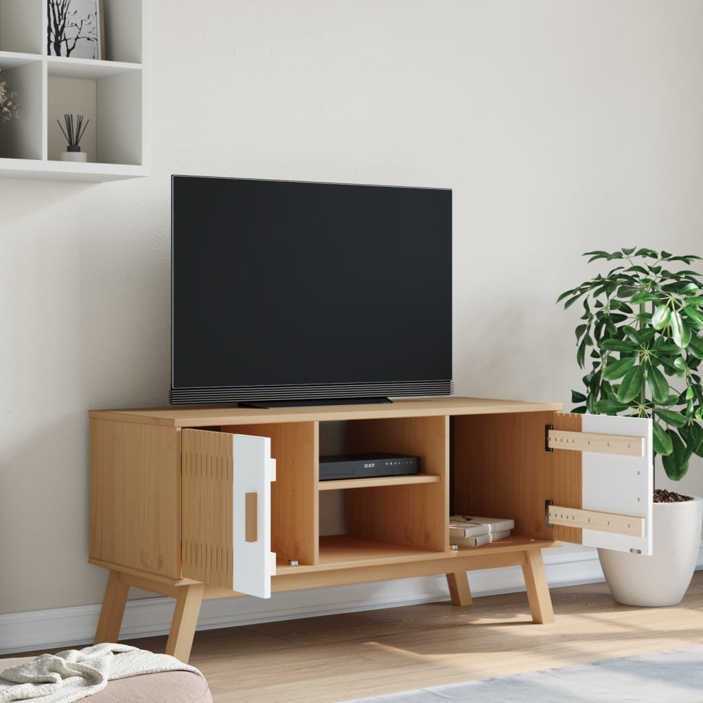 tv-bord OLDEN 114x43x57 cm massivt fyrretræ hvid og brun