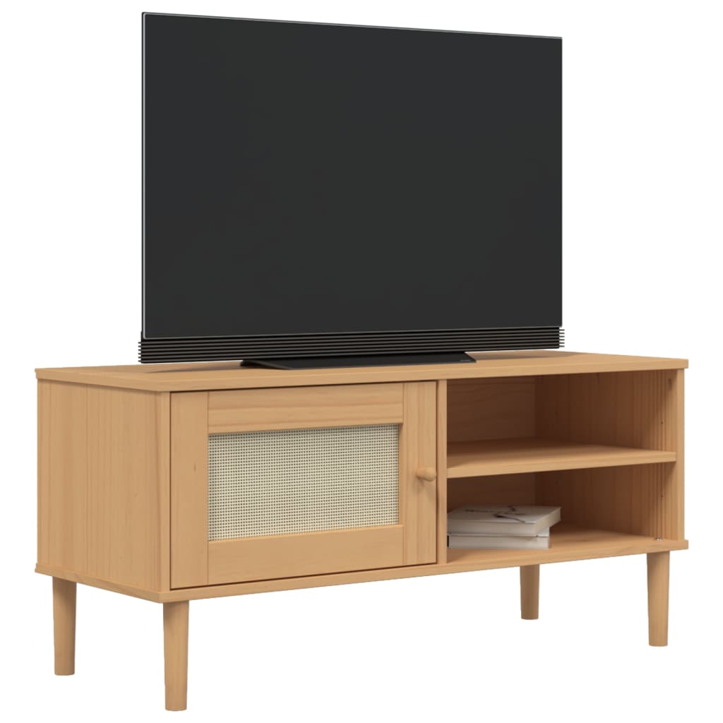 tv-bord SENJA 106x40x49 cm rattan-look massivt fyrretræ brun