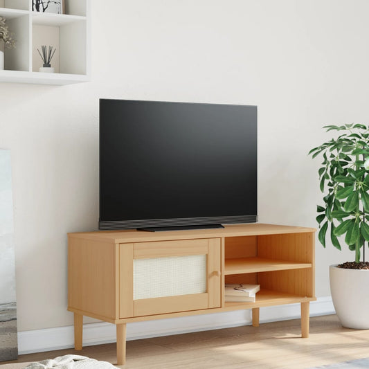 tv-bord SENJA 106x40x49 cm rattan-look massivt fyrretræ brun