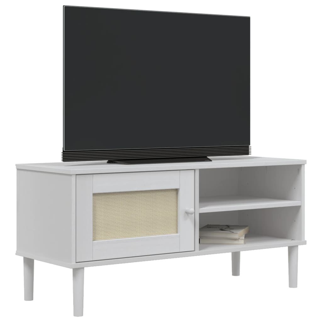 tv-bord SENJA 106x40x49 cm rattan-look massivt fyrretræ hvid