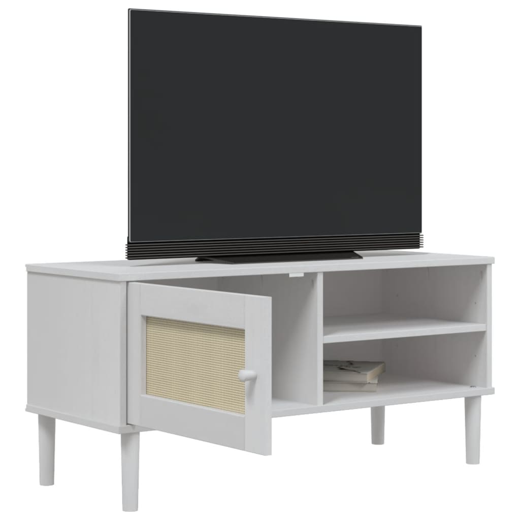 tv-bord SENJA 106x40x49 cm rattan-look massivt fyrretræ hvid