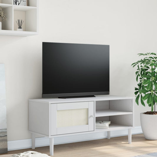 tv-bord SENJA 106x40x49 cm rattan-look massivt fyrretræ hvid