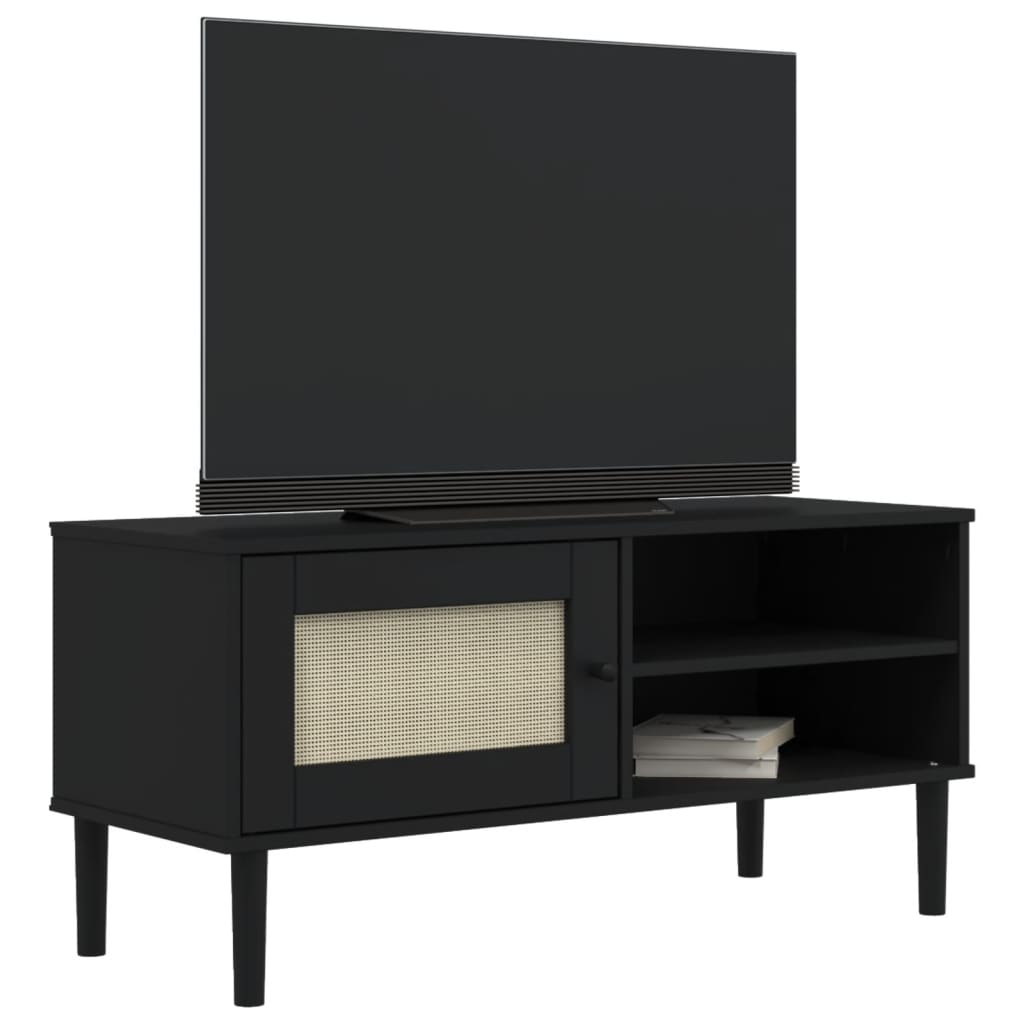 tv-bord SENJA 106x40x49 cm rattan-look massivt fyrretræ sort