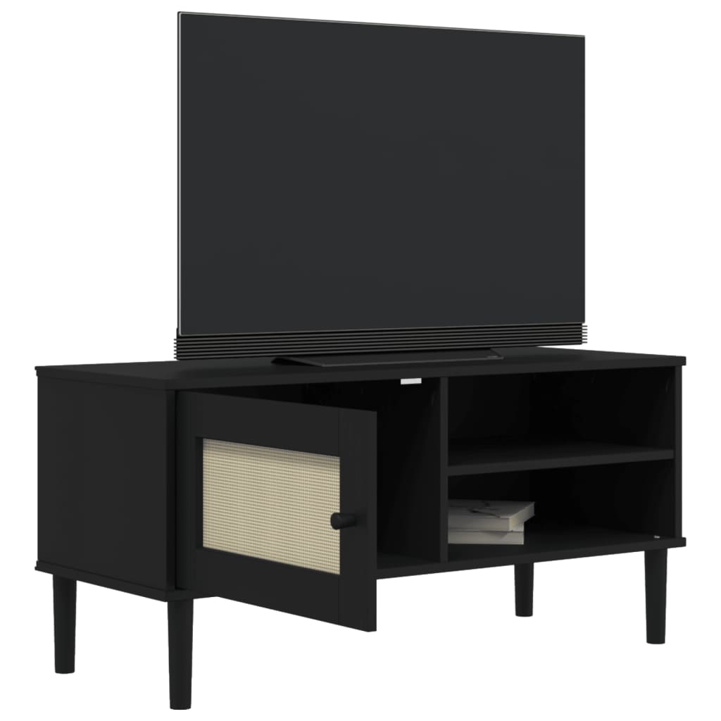 tv-bord SENJA 106x40x49 cm rattan-look massivt fyrretræ sort