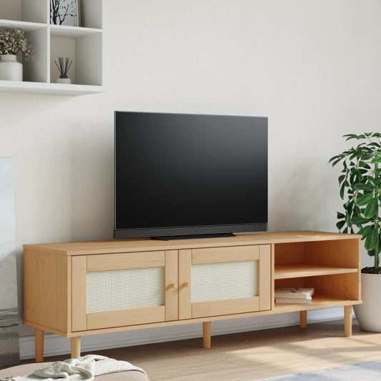 tv-bord SENJA 158x40x49 cm rattan-look massivt fyrretræ brun