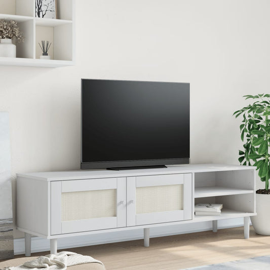 tv-bord SENJA 158x40x49 cm rattan-look massivt fyrretræ hvid