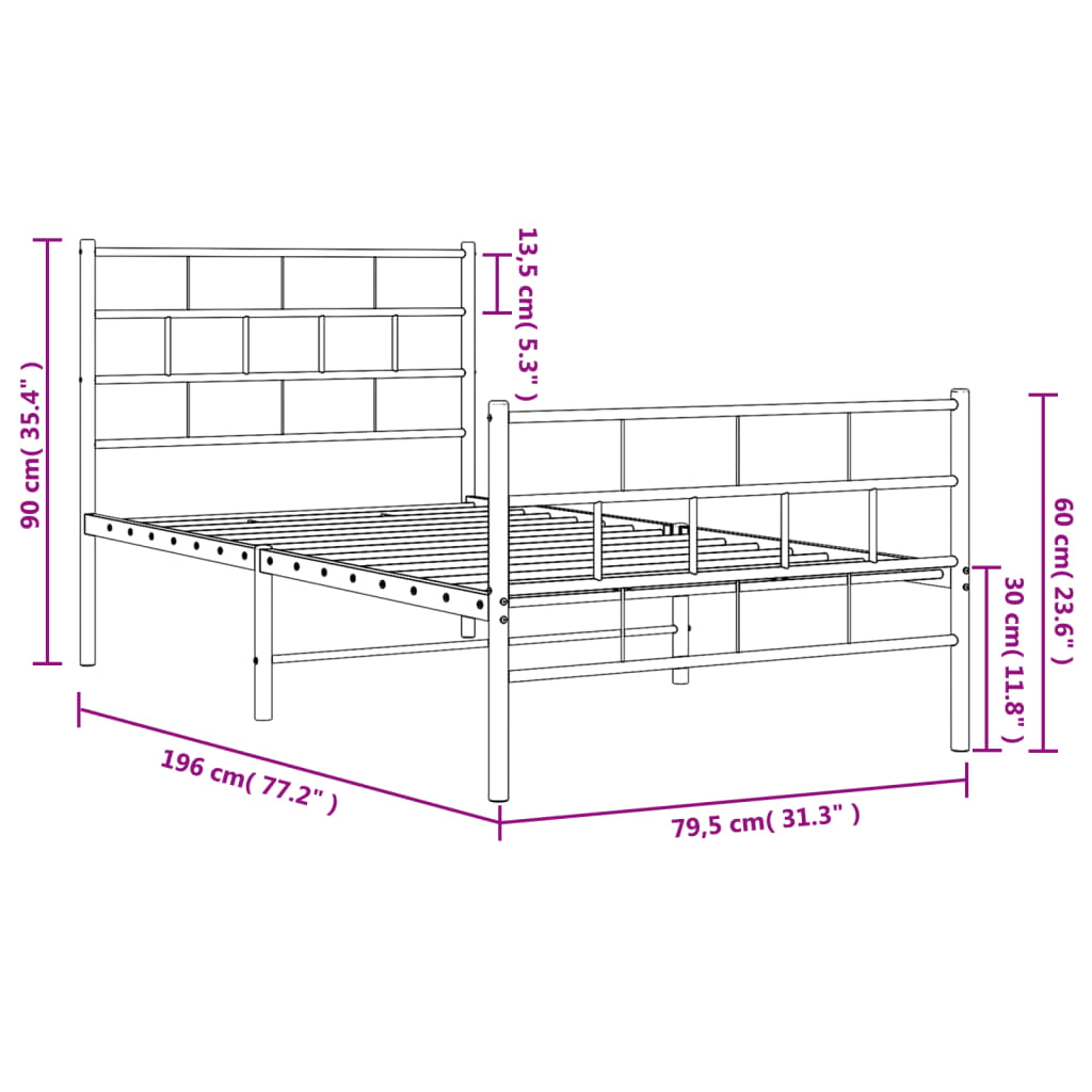 sengeramme med sengegavl og fodgærde 75x190 cm metal sort