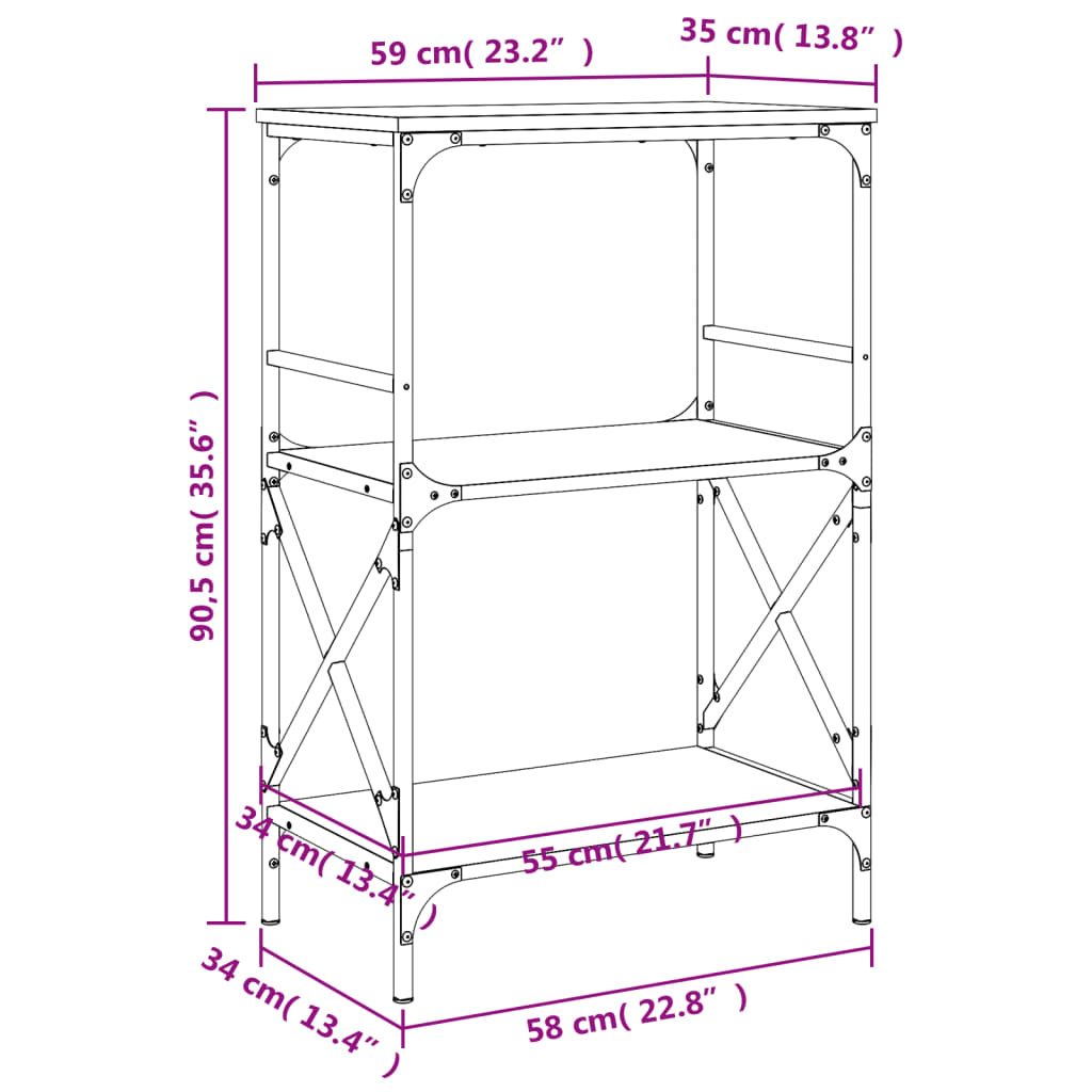 bogreol med 3 hylder 59x35x90,5 cm konstrueret træ brun eg