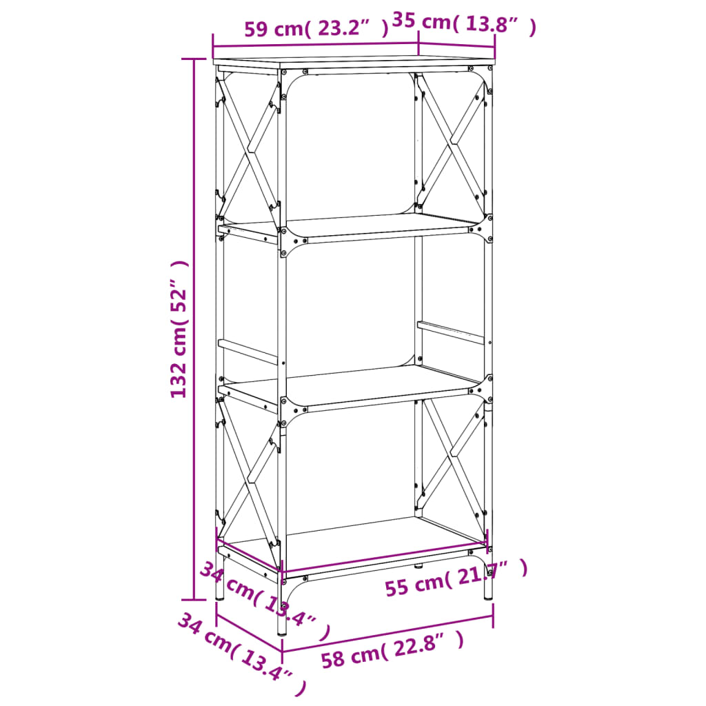 bogreol med 4 hylder 59x35x132 cm konstrueret træ sort