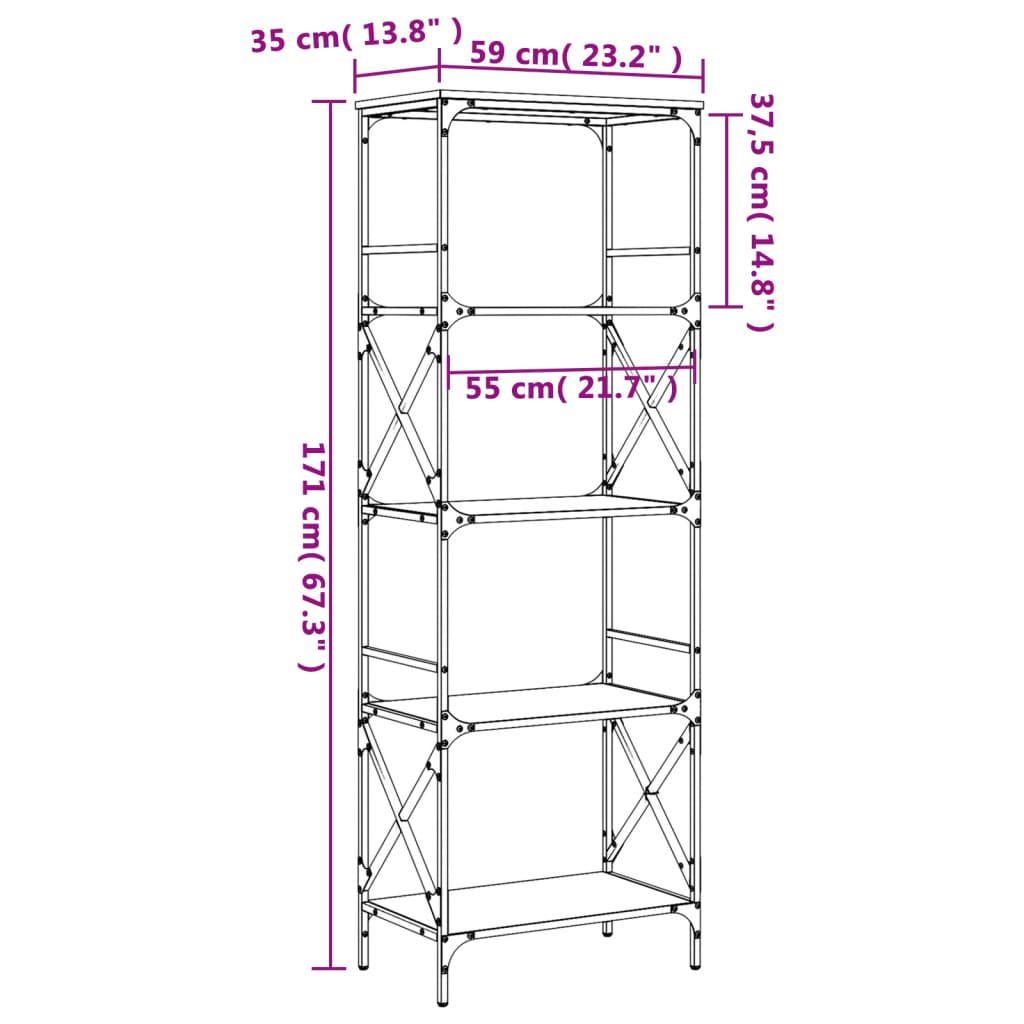 bogreol med 5 hylder 59x35x171 cm konstrueret træ sort