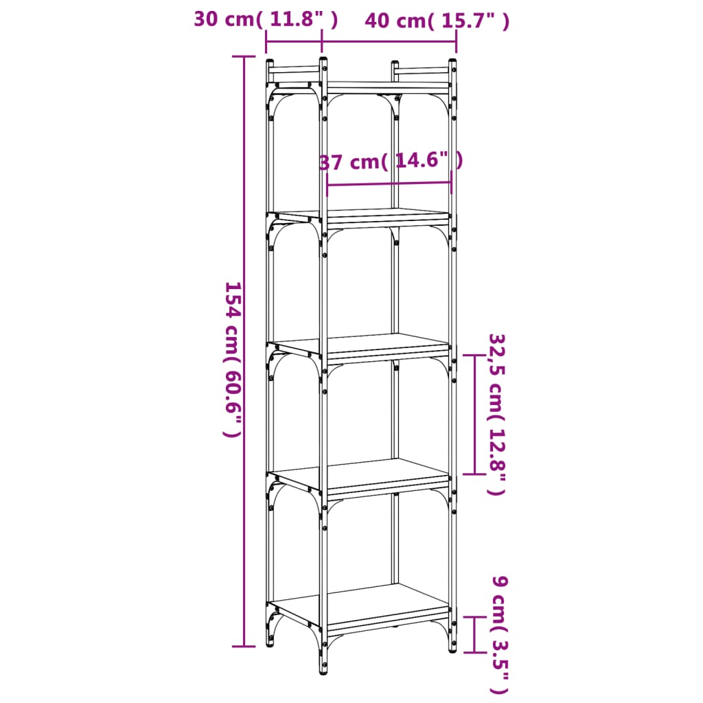 bogreol med 5 hylder 40x30x154 cm konstrueret træ sort