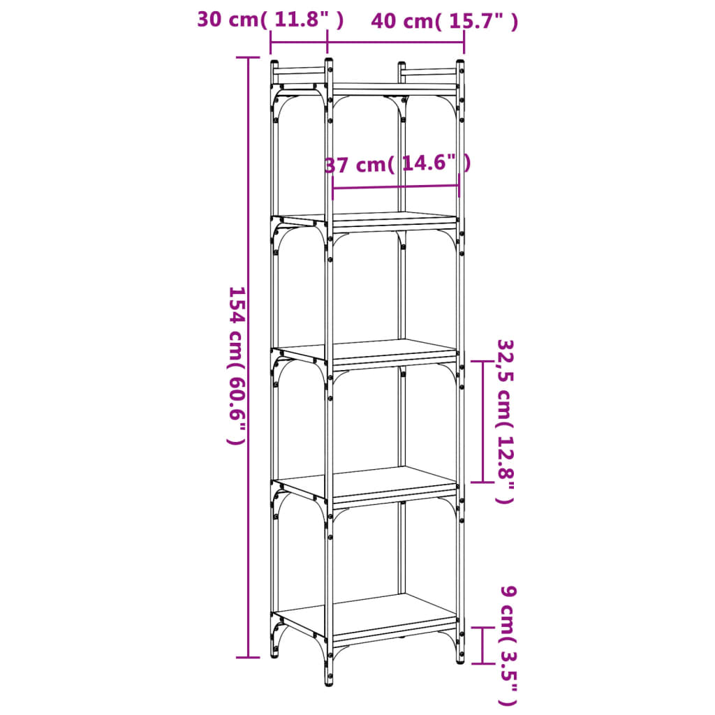 bogreol 5 hylder 40x30x154 cm konstrueret træ sonoma-eg