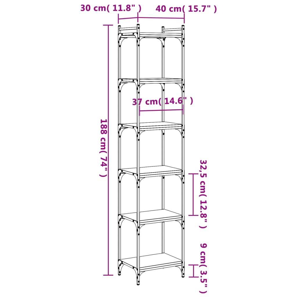 bogreol med 6 hylder 40x30x188 cm konstrueret træ sort