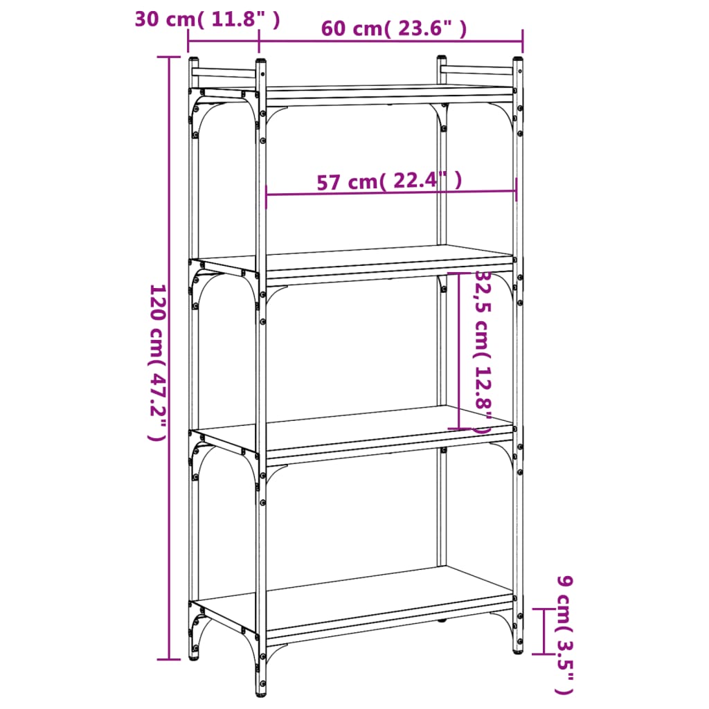 bogreol 4 hylder 60x30x120 cm konstrueret træ sonoma-eg