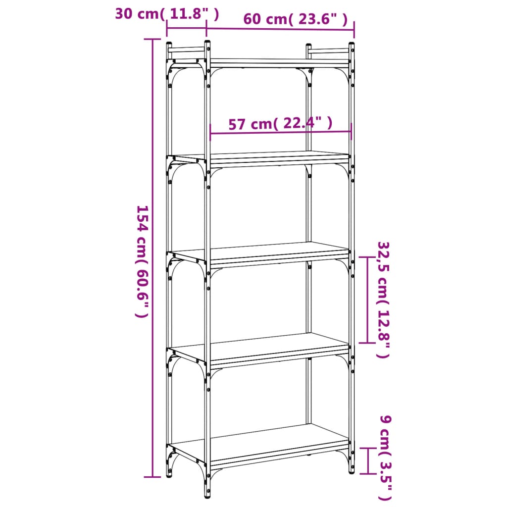 bogreol med 5 hylder 60x30x154 cm konstrueret træ sort