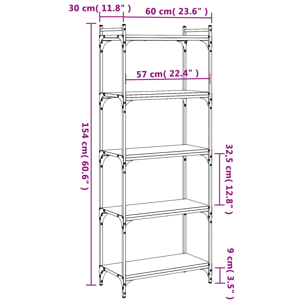 bogreol 5 hylder 60x30x154 cm konstrueret træ sonoma-eg