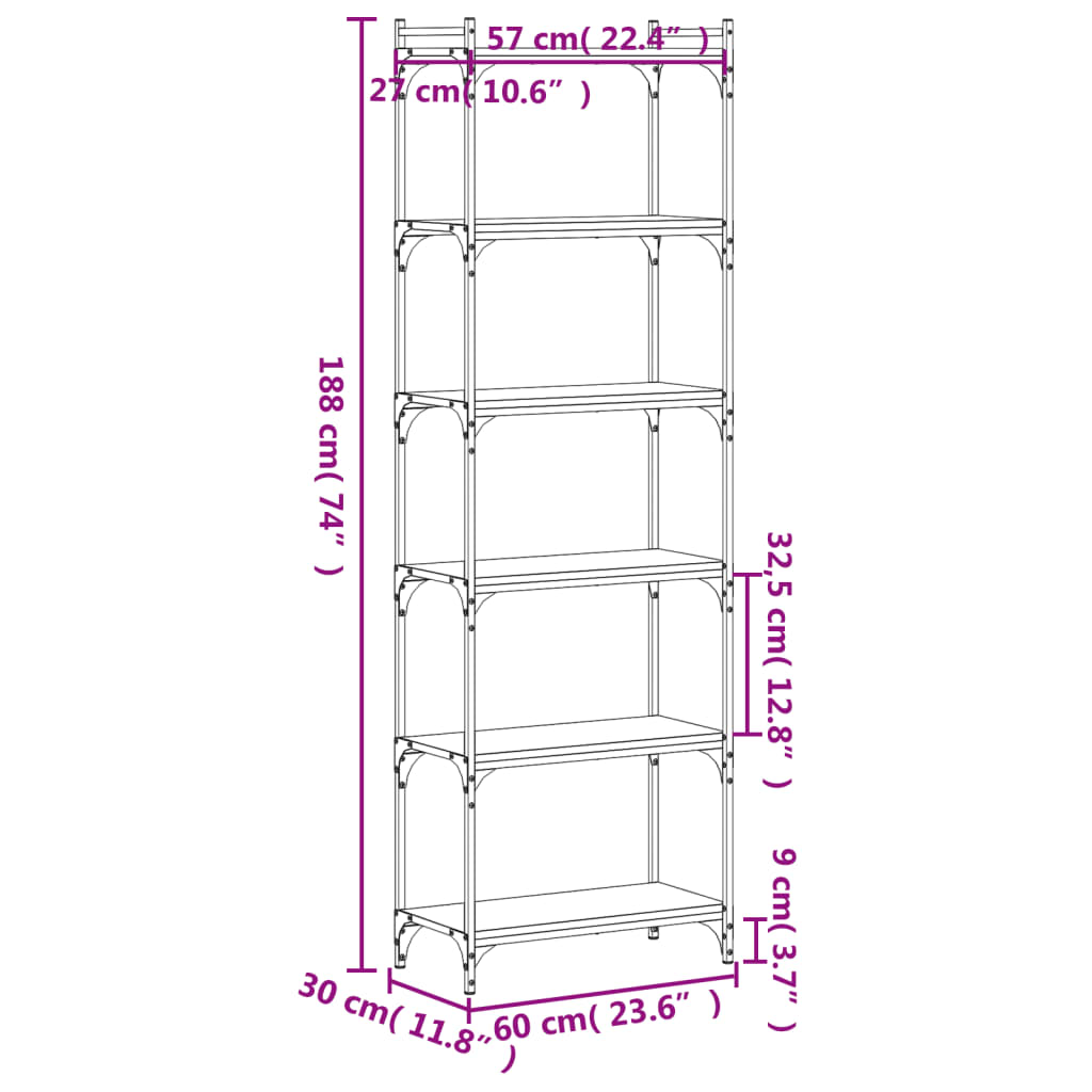 bogreol med 6 hylder 60x30x188 cm konstrueret træ sort