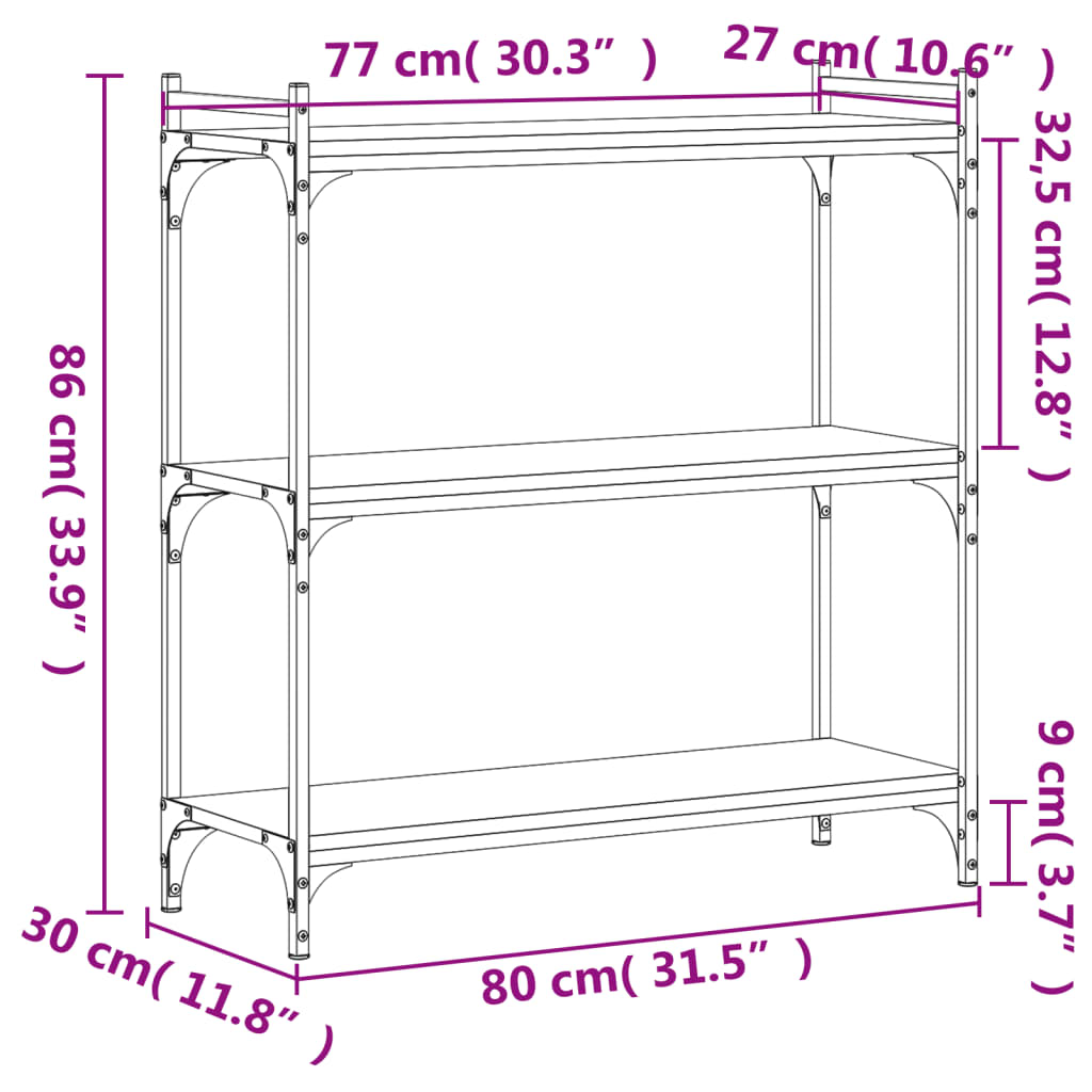 bogreol 3 hylder 80x30x86 cm konstrueret træ sonoma-eg