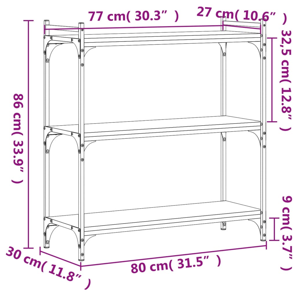 bogreol 3 hylder 80x30x86 cm konstrueret træ røget eg