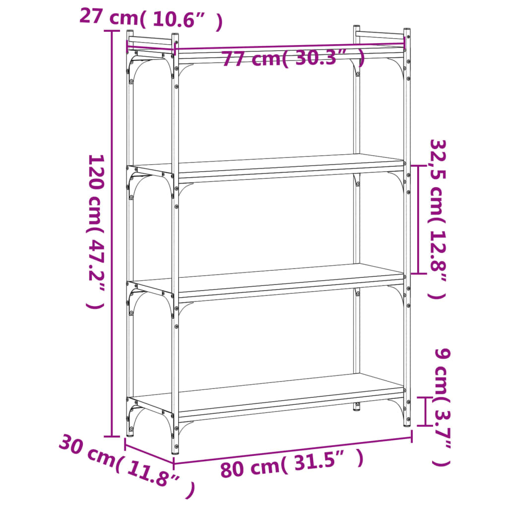 bogreol 4 hylder 80x30x120 cm konstrueret træ sonoma-eg