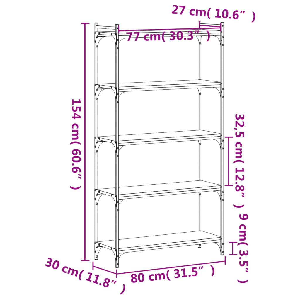 bogreol med 5 hylder 80x30x154 cm konstrueret træ sort