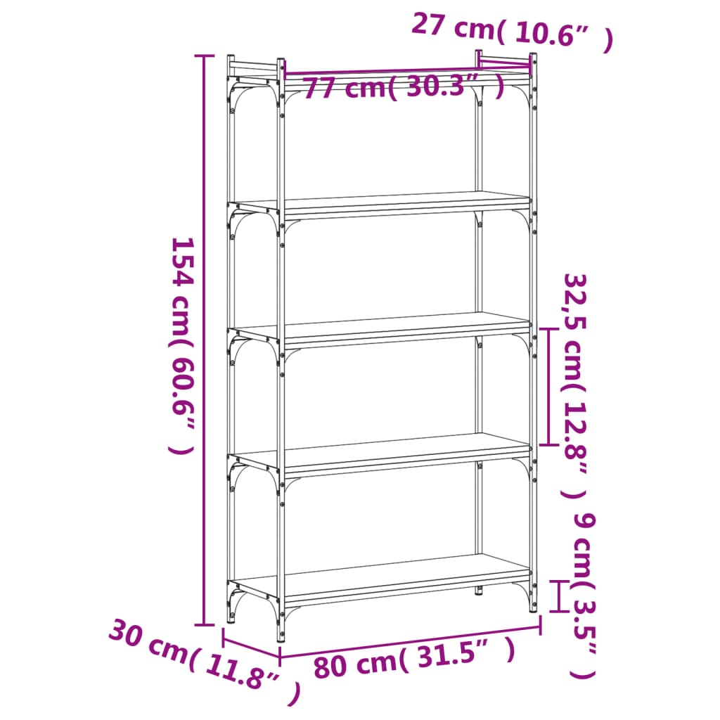 bogreol 5 hylder 80x30x154 cm konstrueret træ brunt eg