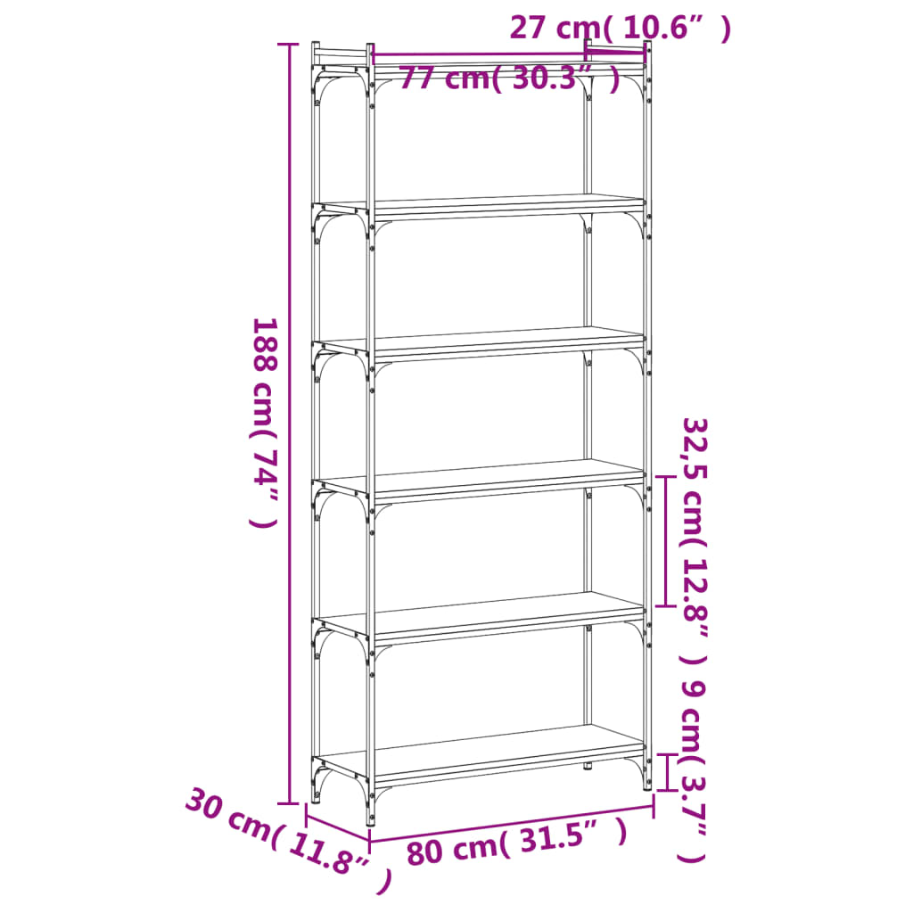 bogreol med 6 hylder 80x30x188 cm konstrueret træ sort