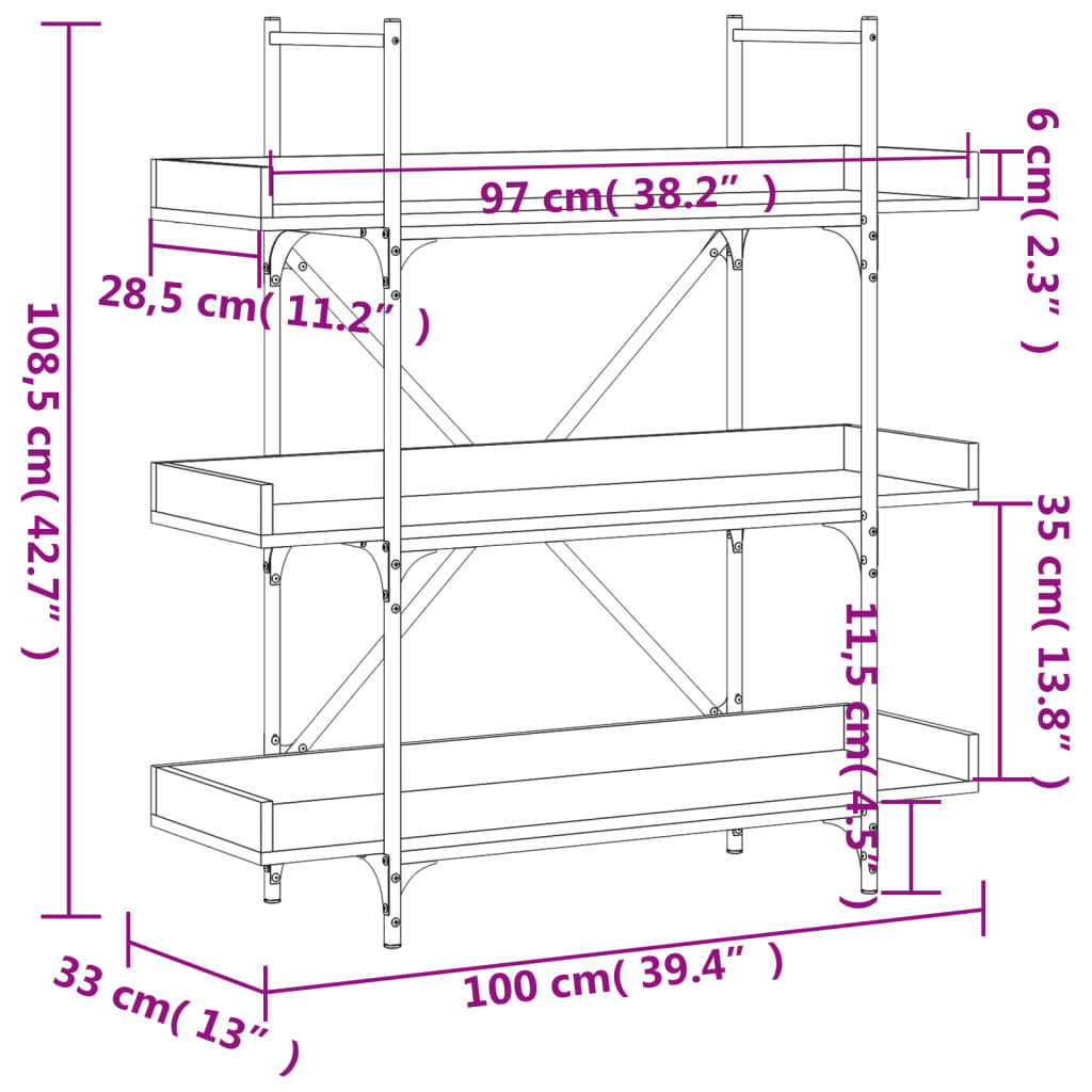 bogreol med 3 hylder 100x33x108,5 cm konstrueret træ sort