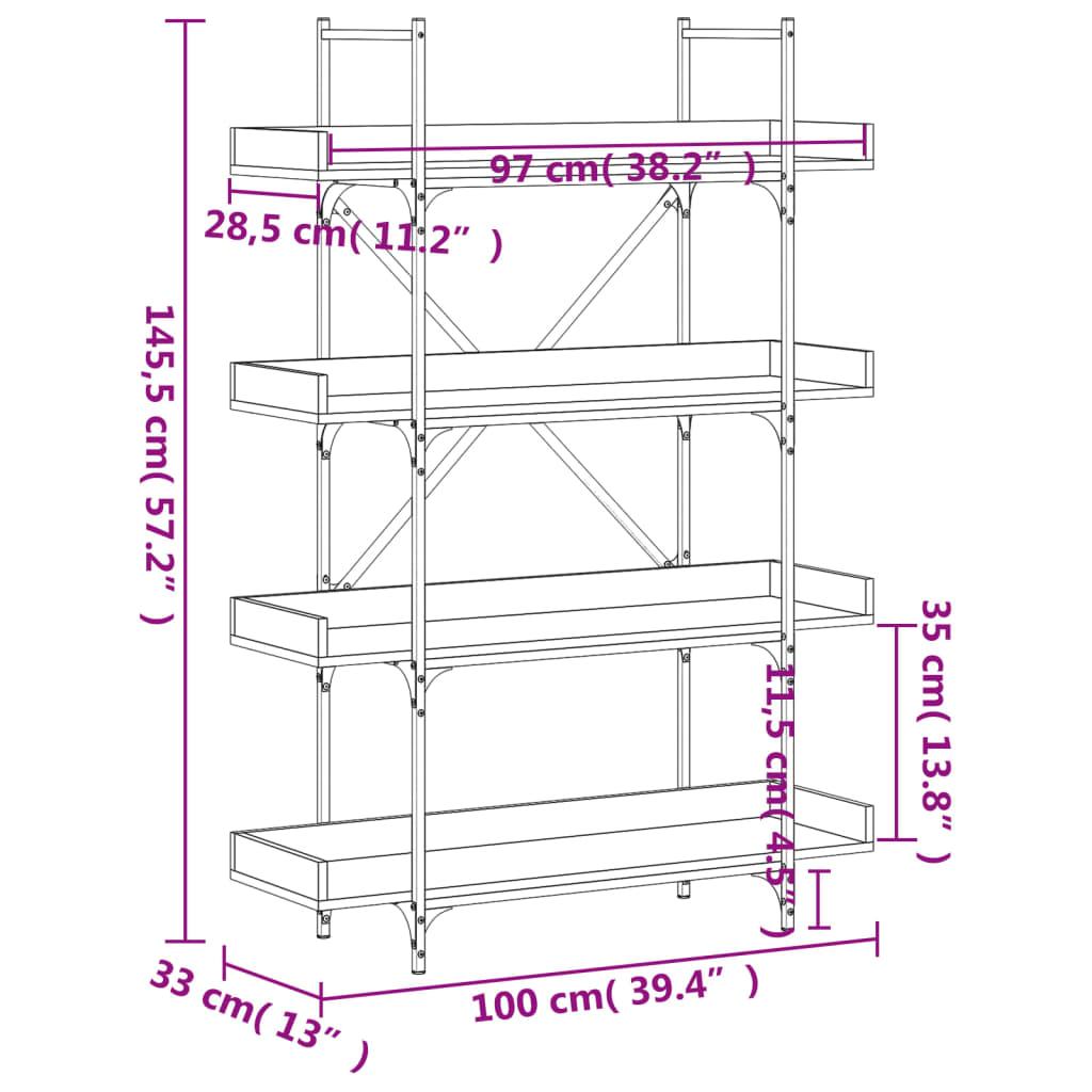 bogreol med 4 hylder 100x33x108,5 cm konstrueret træ sort