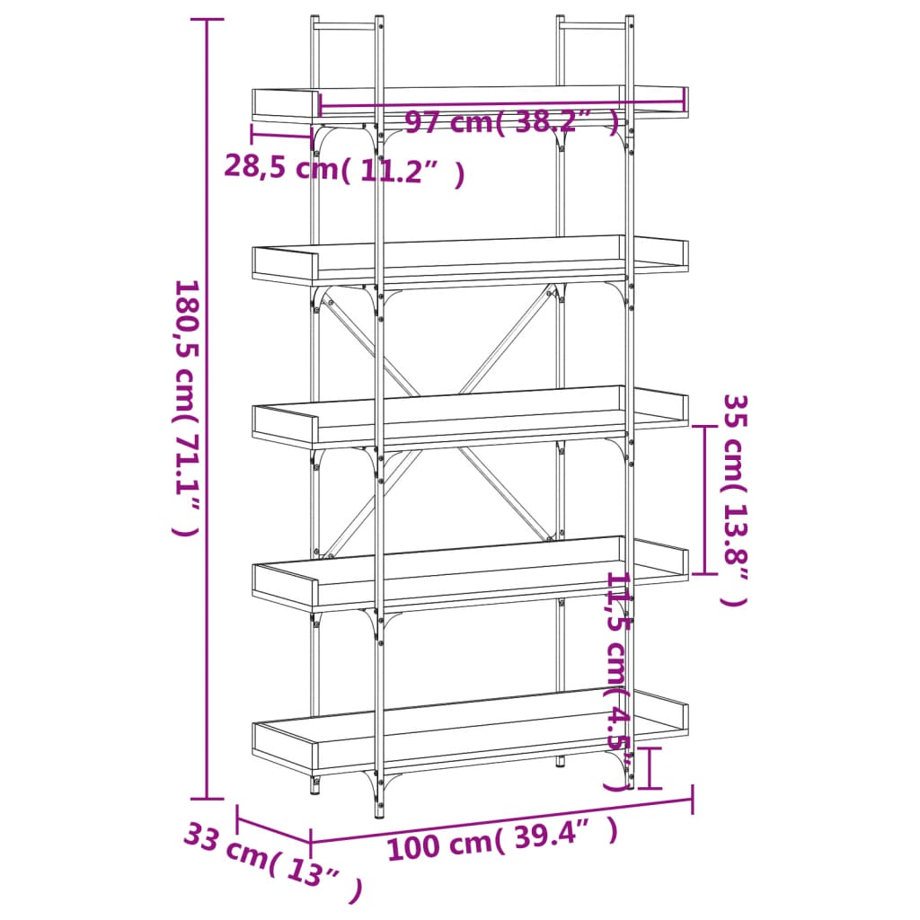 bogreol med 5 hylder 100x33x180,5 cm konstrueret træ sort