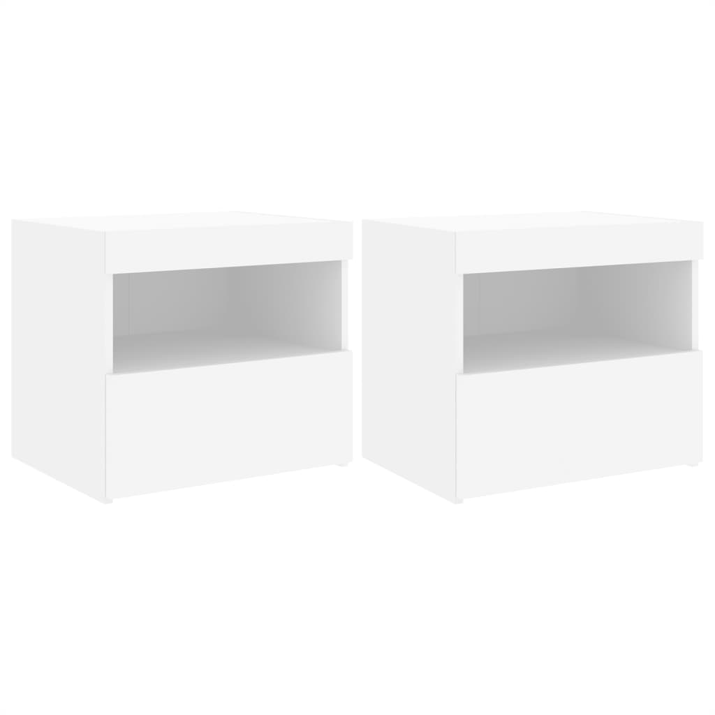 sengeborde 2 stk. med LED-lys 50x40x45 cm hvid