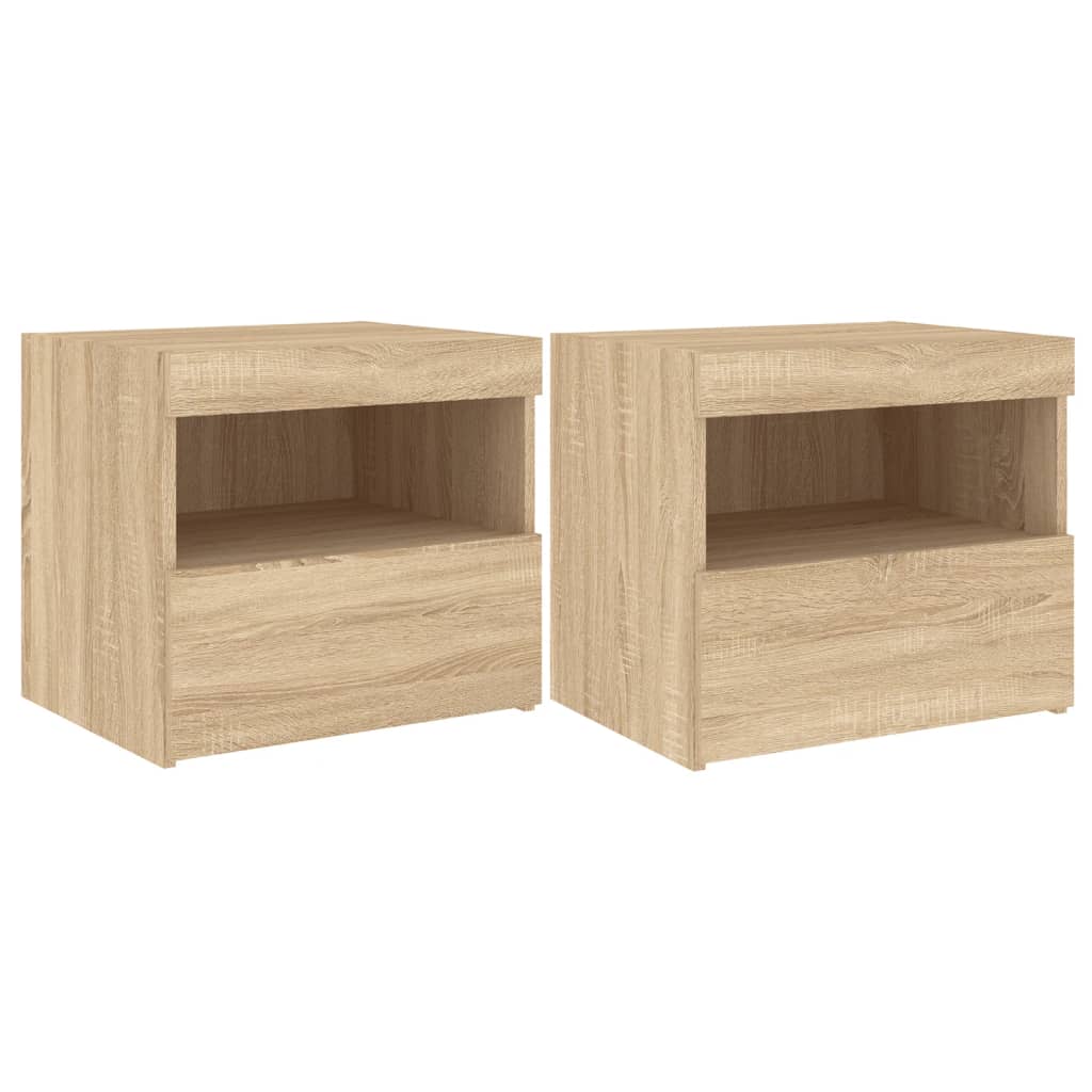 sengeborde 2 stk. med LED-lys 50x40x45 cm sonoma-eg