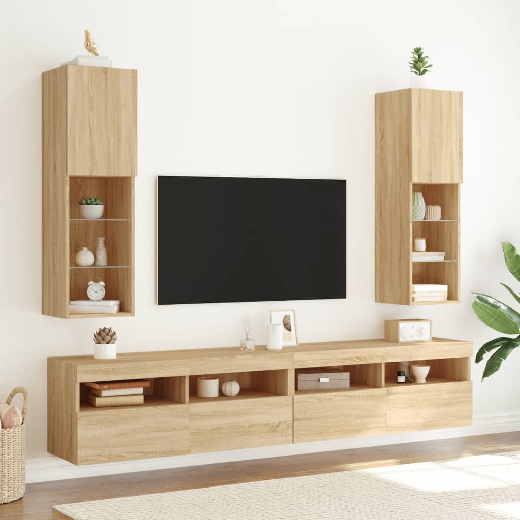 tv-borde 2 stk. med LED-lys 30,5x30x102 cm sonoma-eg