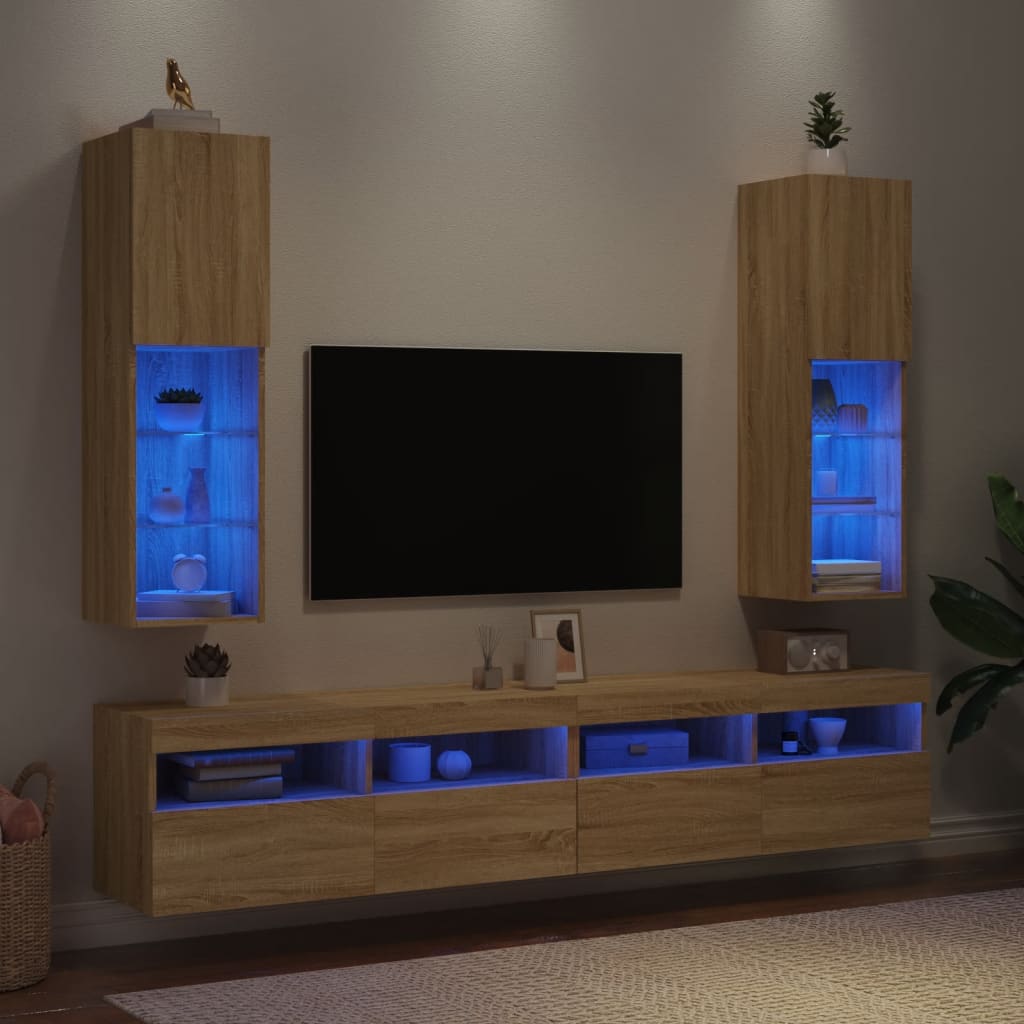 tv-borde 2 stk. med LED-lys 30,5x30x102 cm sonoma-eg