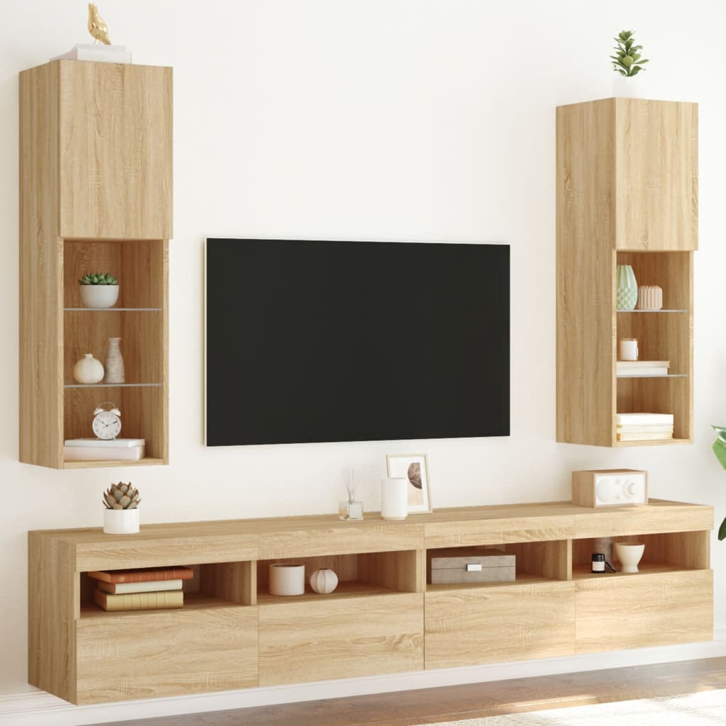 tv-borde 2 stk. med LED-lys 30,5x30x102 cm sonoma-eg