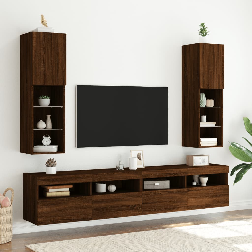 tv-borde med LED-lys 2 stk. 30,5x30x102 cm brun egetræsfarve