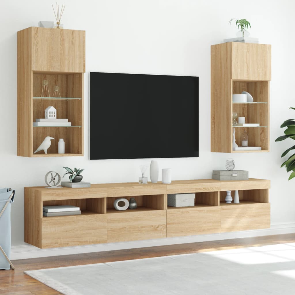 tv-borde med LED-lys 2 stk. 40,5x30x90 cm sonoma-eg