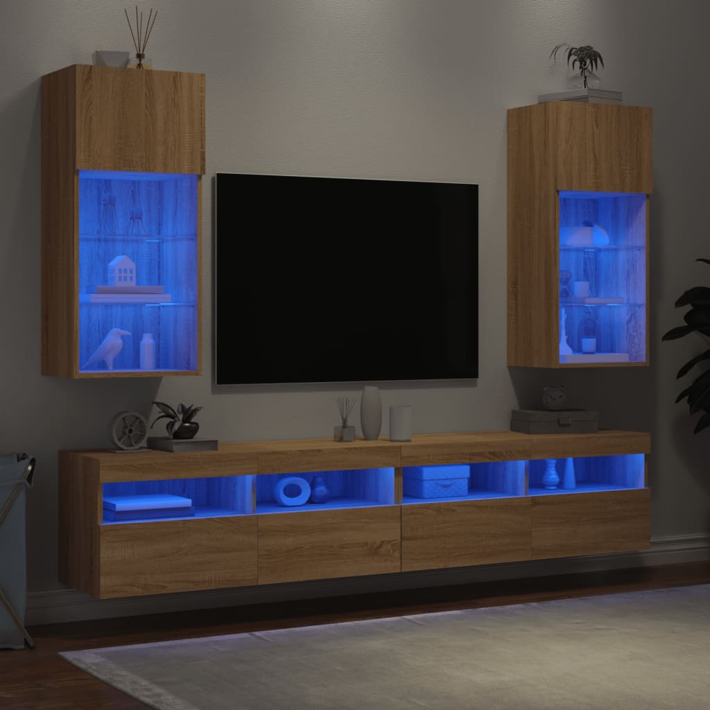 tv-borde med LED-lys 2 stk. 40,5x30x90 cm sonoma-eg