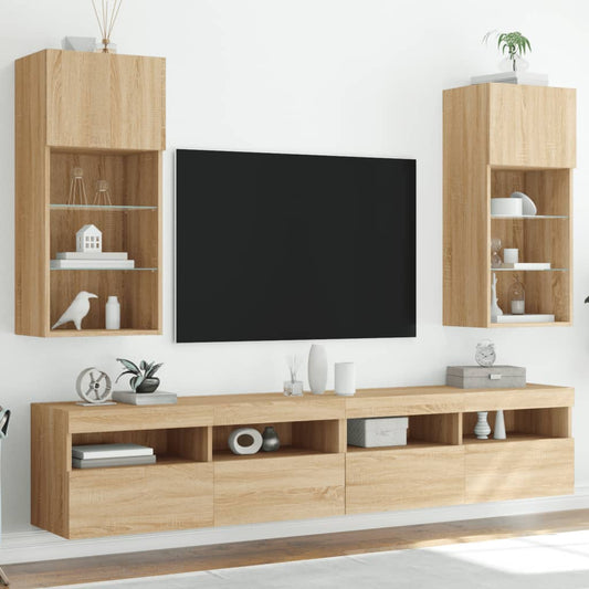 tv-borde med LED-lys 2 stk. 40,5x30x90 cm sonoma-eg