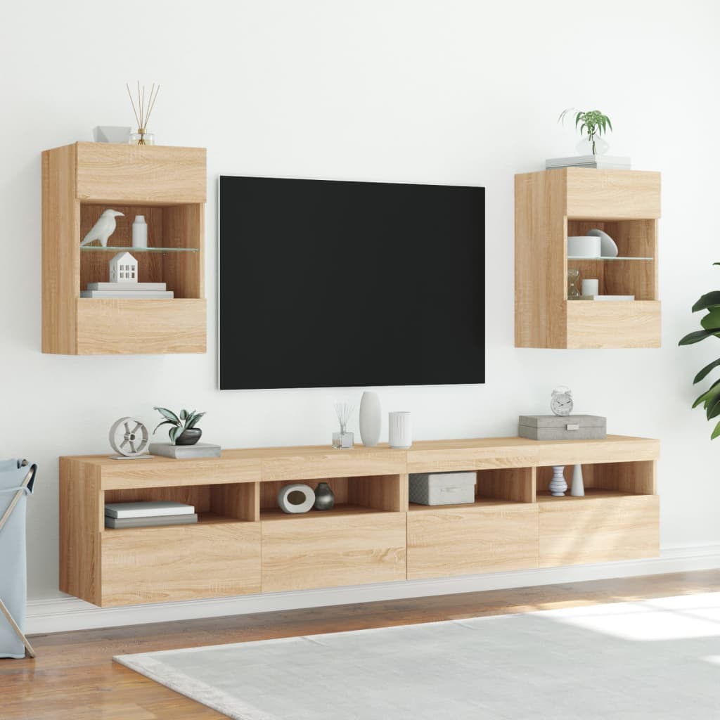 væghængte tv-borde 2 stk. med LED-lys 40x30x60,5 cm sonoma-eg