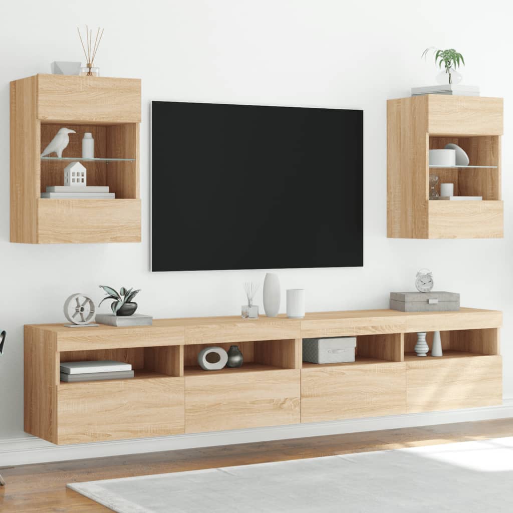 væghængte tv-borde 2 stk. med LED-lys 40x30x60,5 cm sonoma-eg