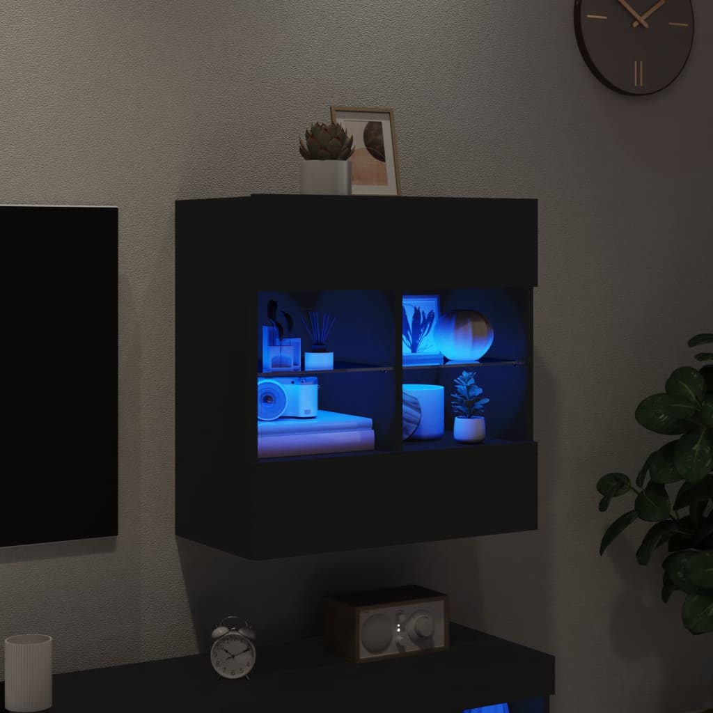 væghængt tv-bord med LED-lys 58,5x30x60,5 cm sort