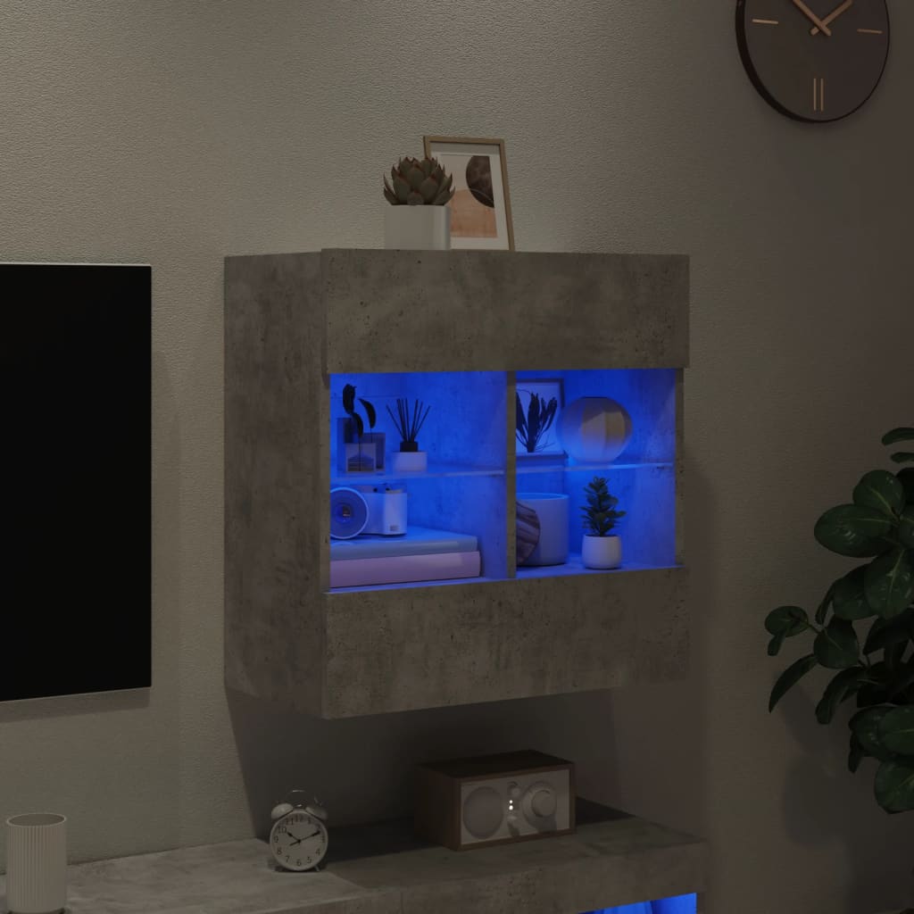 væghængt tv-bord med LED-lys 58,5x30x60,5 cm betongrå