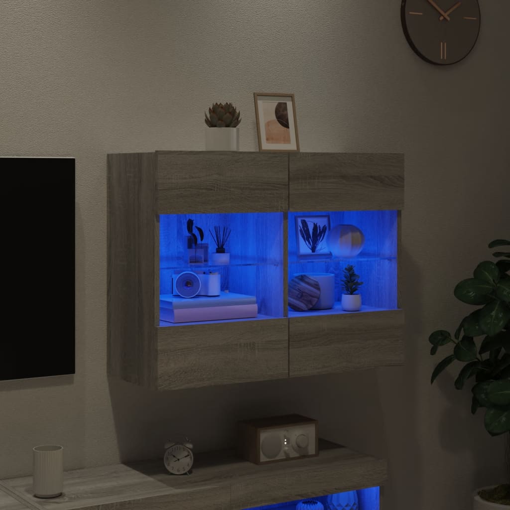 væghængt tv-bord m. LED-lys 78,5x30x60,5 cm grå sonoma-eg