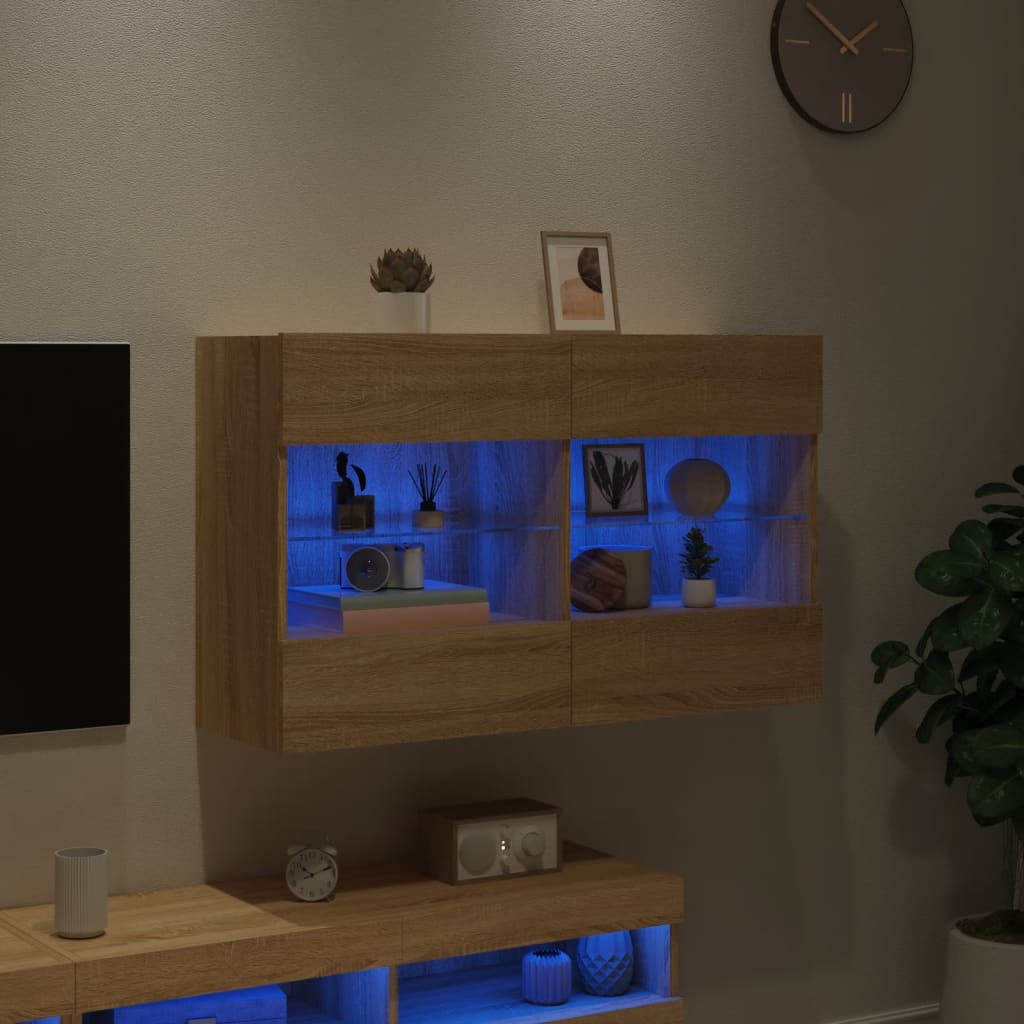 væghængt tv-bord med LED-lys 98,5x30x60,5 cm sonoma-eg