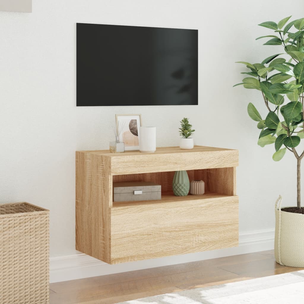 væghængt tv-bord med LED-lys 60x30x40 cm sonoma-eg