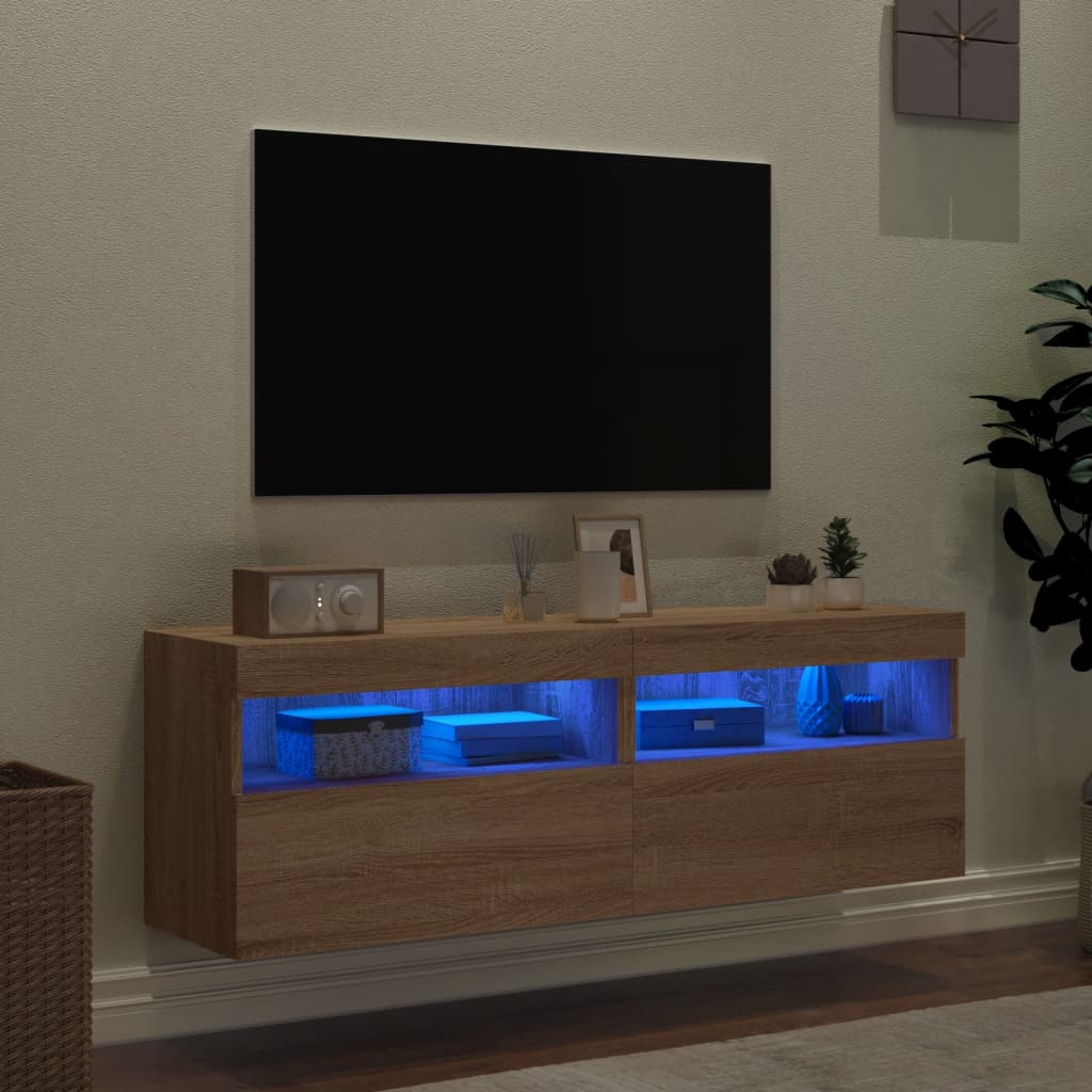 væghængte tv-borde 2 stk. med LED-lys 60x30x40 cm sonoma-eg