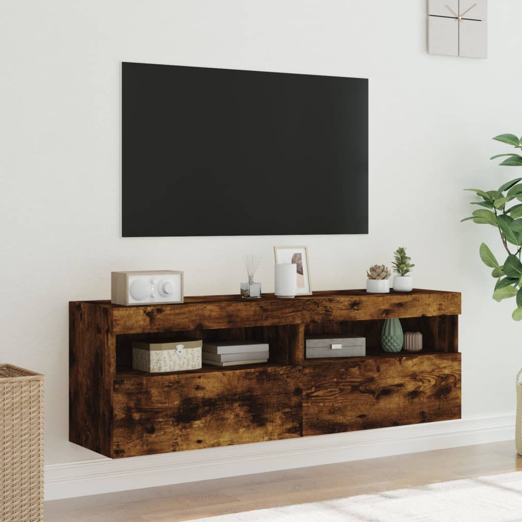 væghængte tv-borde 2 stk. med LED-lys 60x30x40 cm røget eg