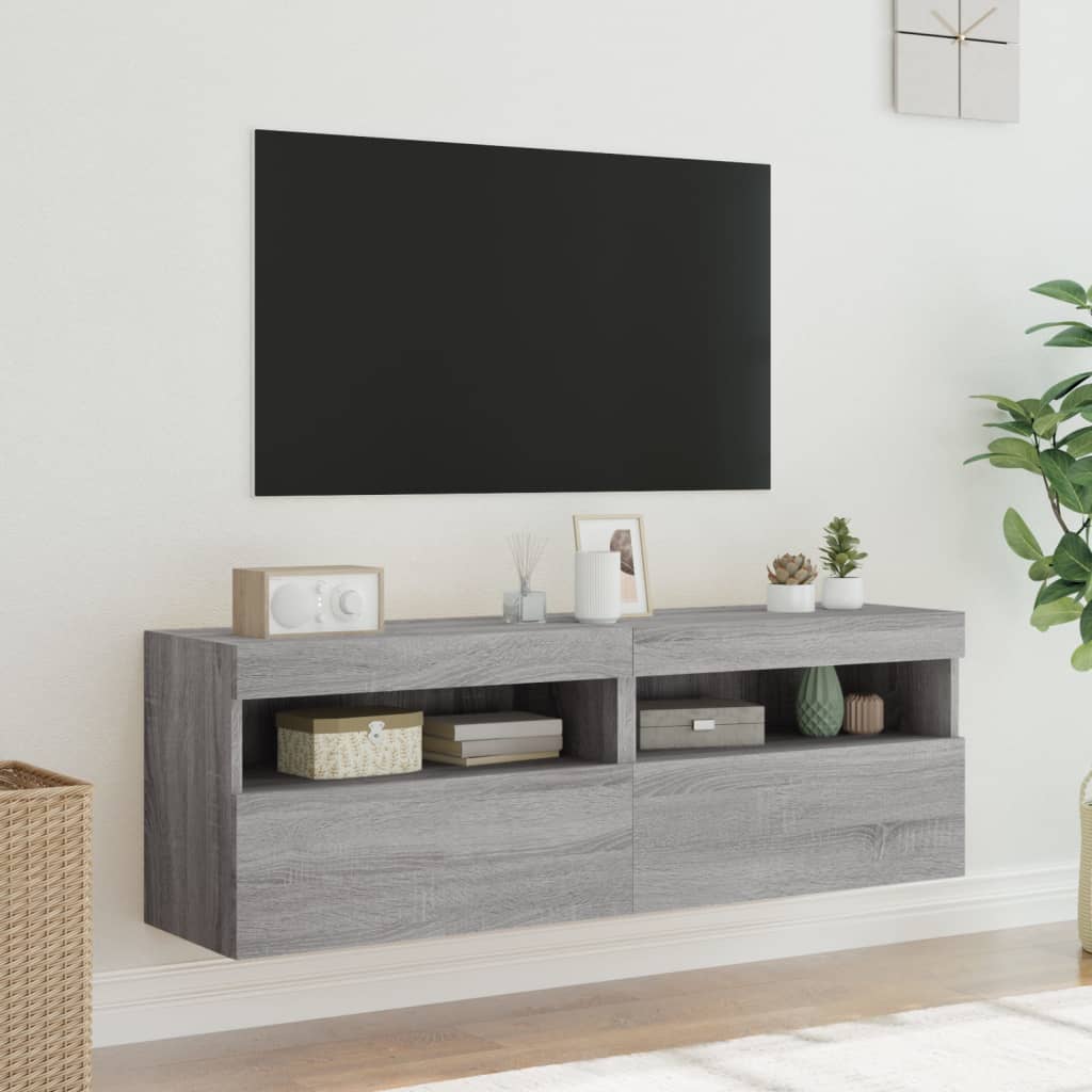 væghængte tv-borde 2 stk. med LED-lys 60x30x40 cm grå sonoma-eg