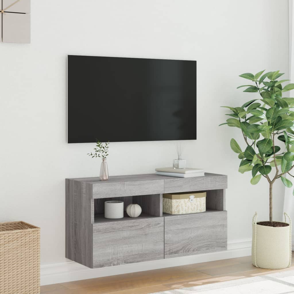 væghængt tv-bord m. LED-lys 80x30x40 cm grå sonoma-eg